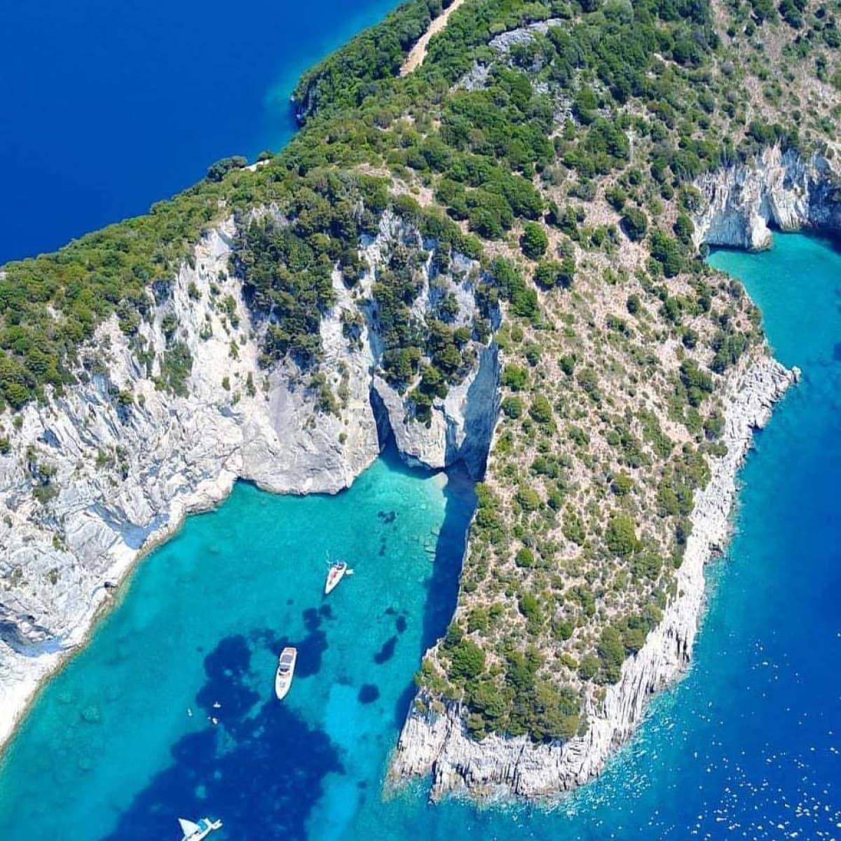 Εναέρια άποψη λευκών βραχωδών ακτών με πράσινα δέντρα και γαλαζοπράσινα νερά με αγκυροβολημένα σκάφη.