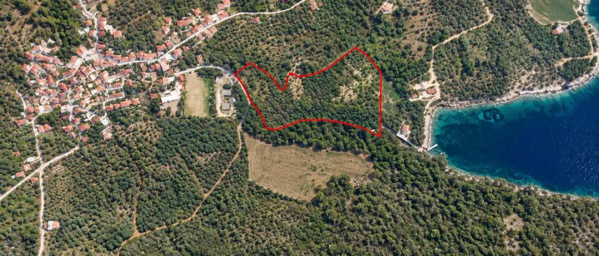 Πανοραμική εναέρια λήψη ενός παράκτιου μεσογειακού τοπίου με ένα οικόπεδο περιτριγυρισμένο με κόκκινο, ελαιώνες και θάλασσα.
