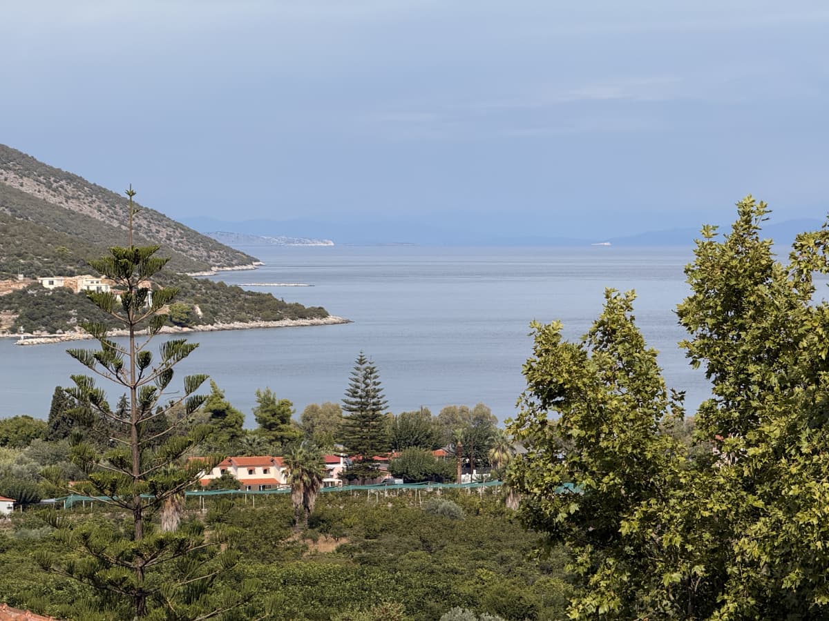 Ανυψωμένη εξωτερική θέα της θάλασσας με λόφους και δέντρα στο προσκήνιο.