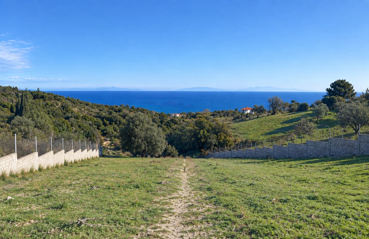 Ε κλιwτή χορταριασμένη έκταση με κεντρικό χωματόδρομο προσφέρει θέα στη θάλασσα και σε μακρινά νησιά, πλαισιωμένη από τσιμεντένιους φράχτες.