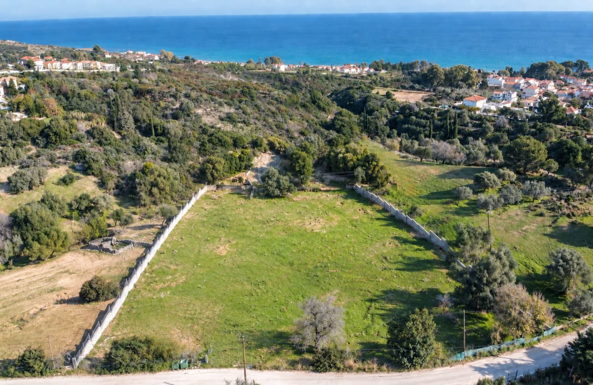 Εναέρια άποψη περιφραγμένου πράσινου οικοπέδου με δέντρα, με θέα στη θάλασσα στο βάθος.
