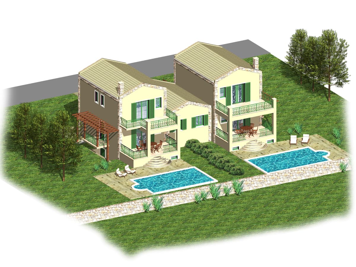 Τρισδιάστατη απεικόνιση δύο διώροφων κατοικιών με πισίνες, μπαλκόνια και κήπο.