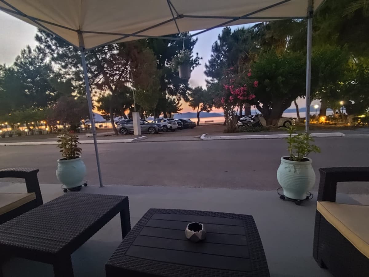 Εξωτερική βεράντα με έπιπλα από ψάθα, γλάστρες και θέα στον δρόμο και τη θάλασσα.