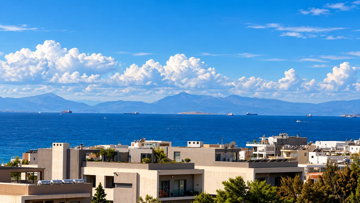 Ψηλή λήψη που δείχνει ταράτσες σύγχρονων κτιρίων με θέα στη θάλασσα, τα βουνά και πλοία στο βάθος κάτω από γαλάζιο ουρανό με σύννεφα.