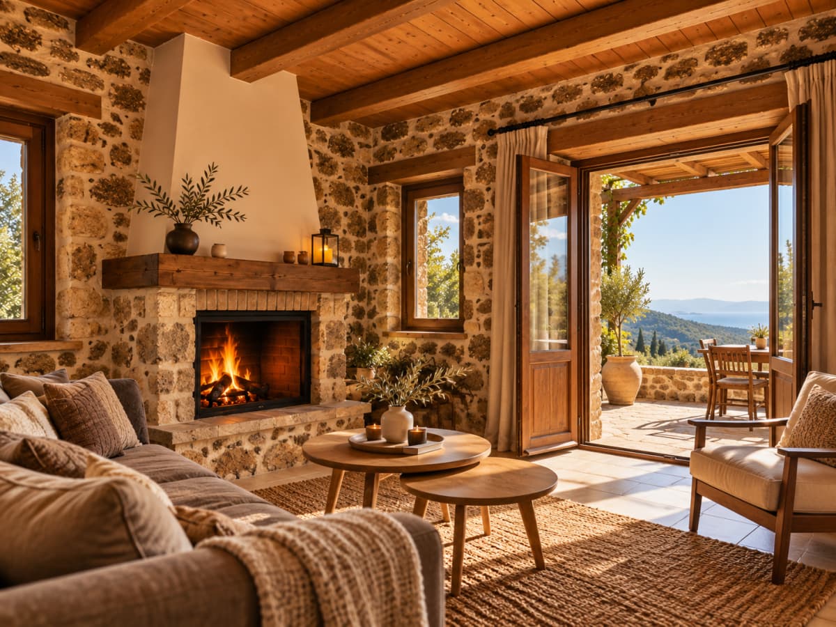 A rustic living room with stone walls, a large fireplace, wooden ceiling beams, and open doors leading to a sunny terrace with a sea view.