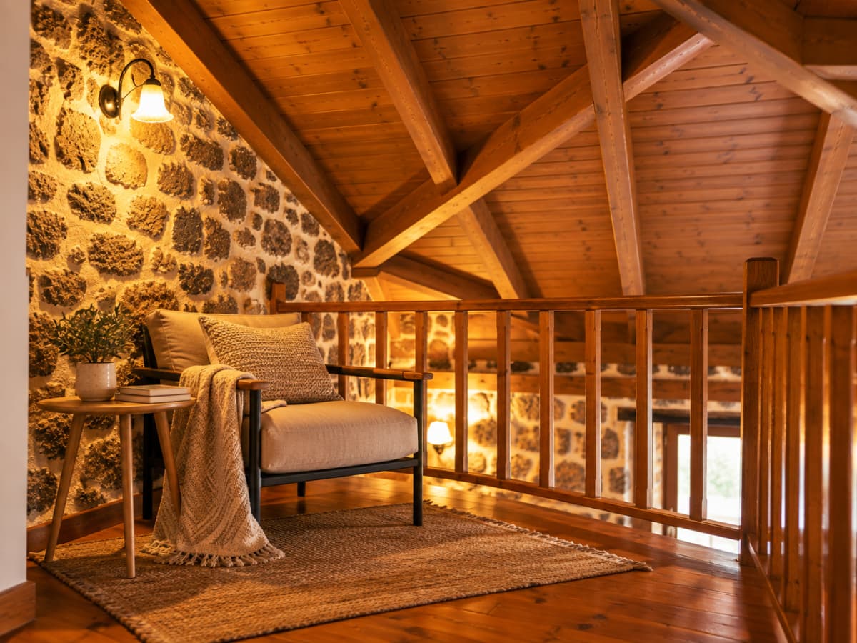 A cozy loft hallway featuring exposed wooden beams, a stone accent wall, and a wooden armchair with a throw blanket.