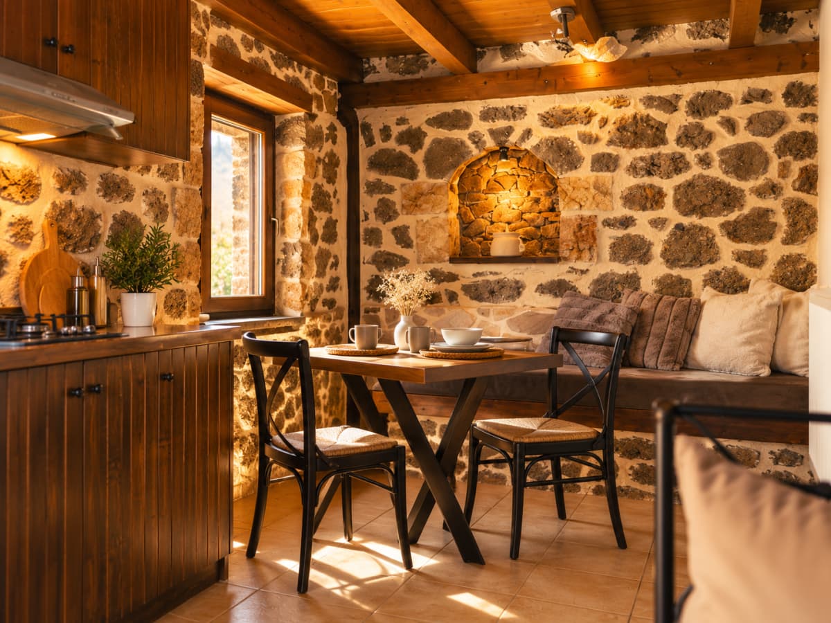 A rustic kitchen and dining area features exposed stone walls, wooden ceiling beams, wooden cabinetry, and a dining table with two black chairs.