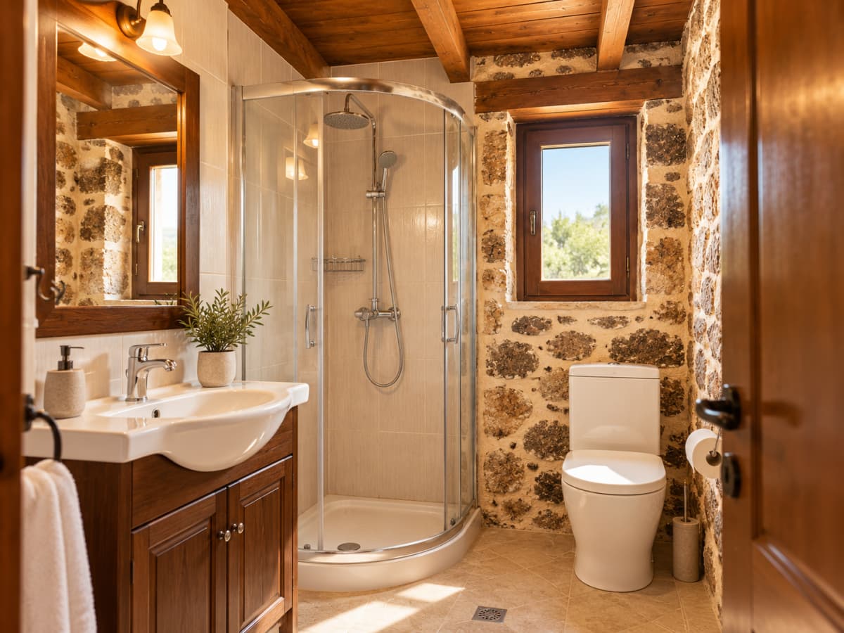 Bathroom with a wooden vanity, corner glass shower, white toilet, and rustic stone wall.