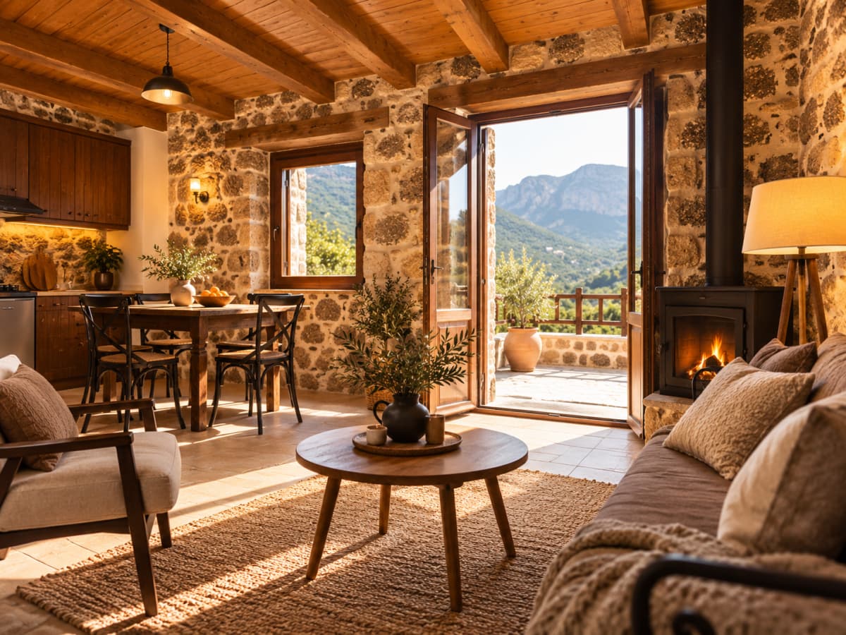 A rustic living room with a wood-beam ceiling, stone walls, and open double doors leading to a balcony with mountain views.
