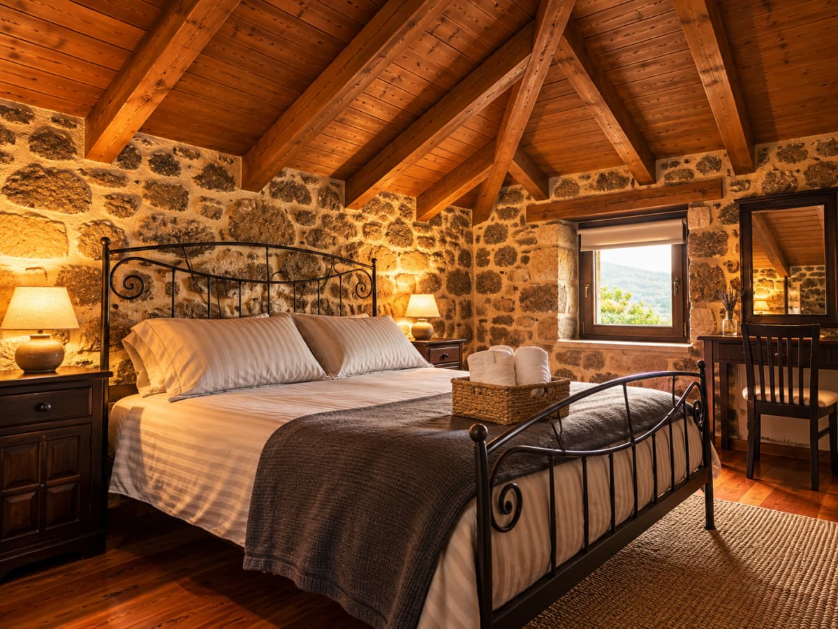 A bedroom features a wrought iron bed with striped linens and a dark throw blanket, set against a rustic stone wall and a wood-beamed ceiling.