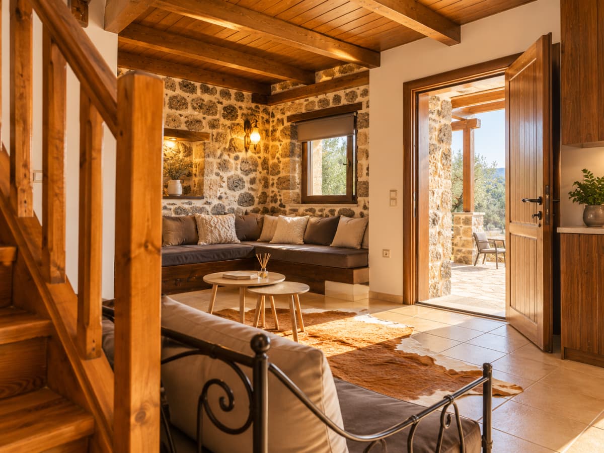 Interior living room with stone walls, wooden ceiling beams, built-in corner seating, and an open doorway to a terrace.