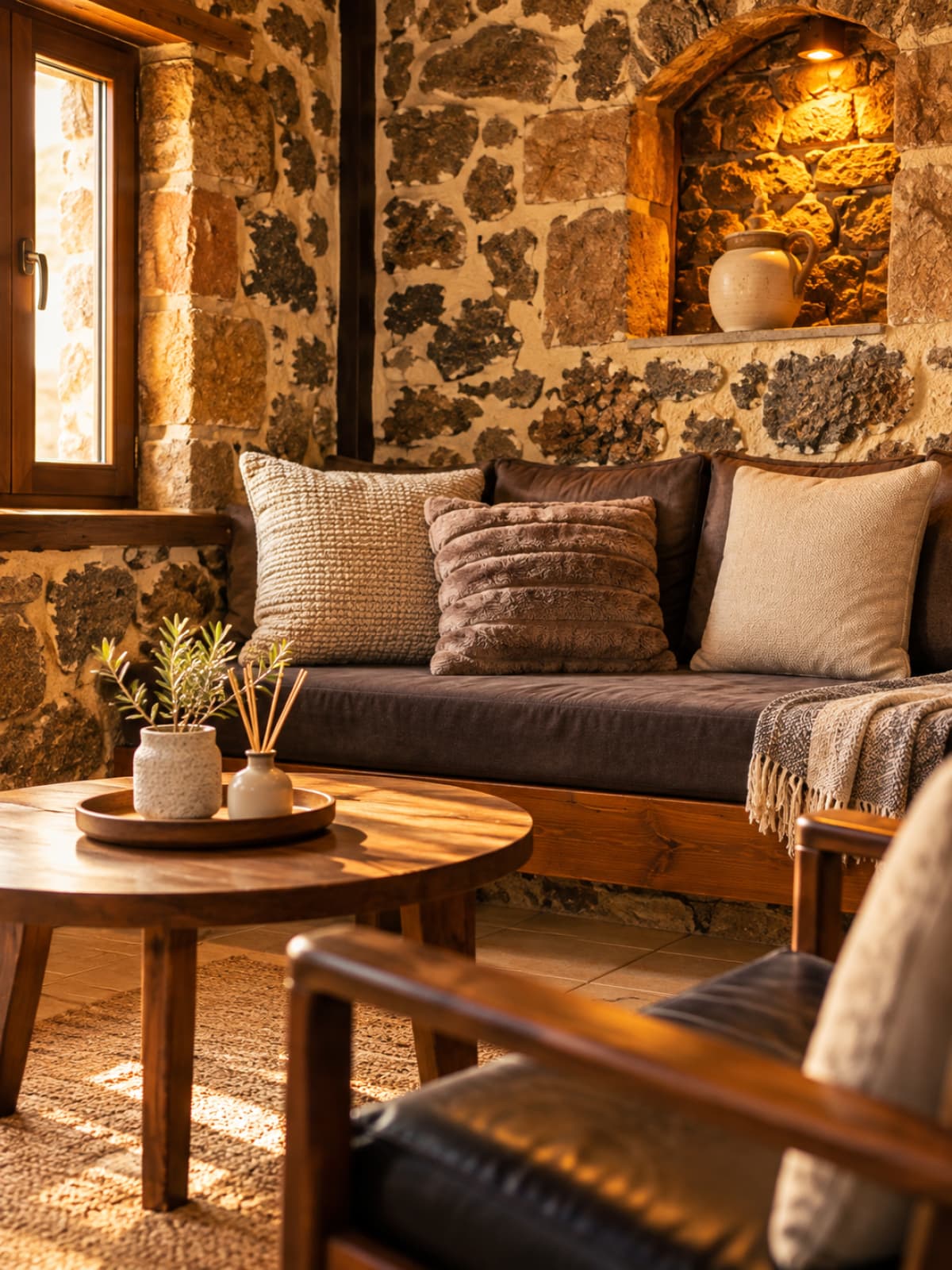 A rustic living room featuring a stone wall, a wooden sofa with pillows, and a round coffee table.