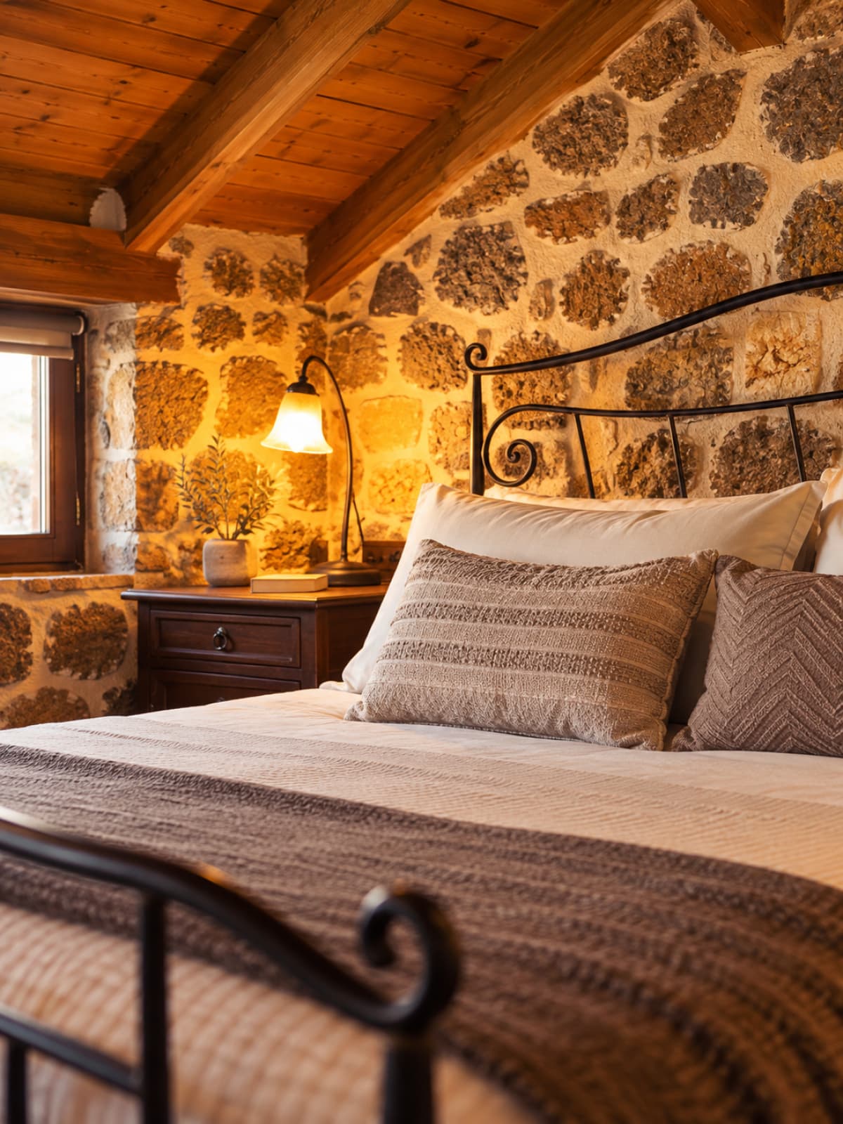 Bedroom with a stone wall, wood ceiling, and wrought iron bed.