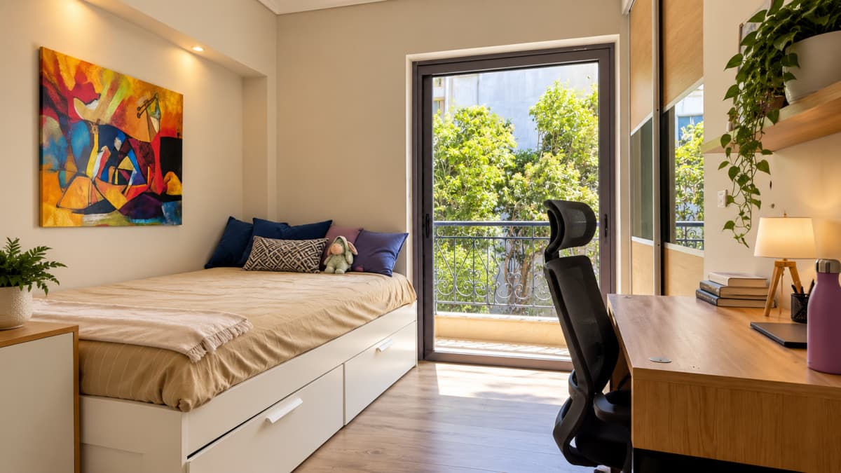 Small bedroom with a single bed with drawers, a desk and a glass door to the balcony.