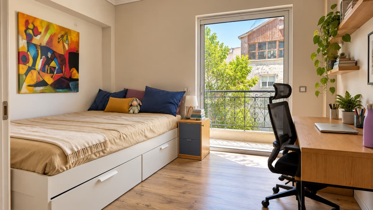 Bedroom with a single bed with drawers, a desk under shelves and a glass door to the balcony.