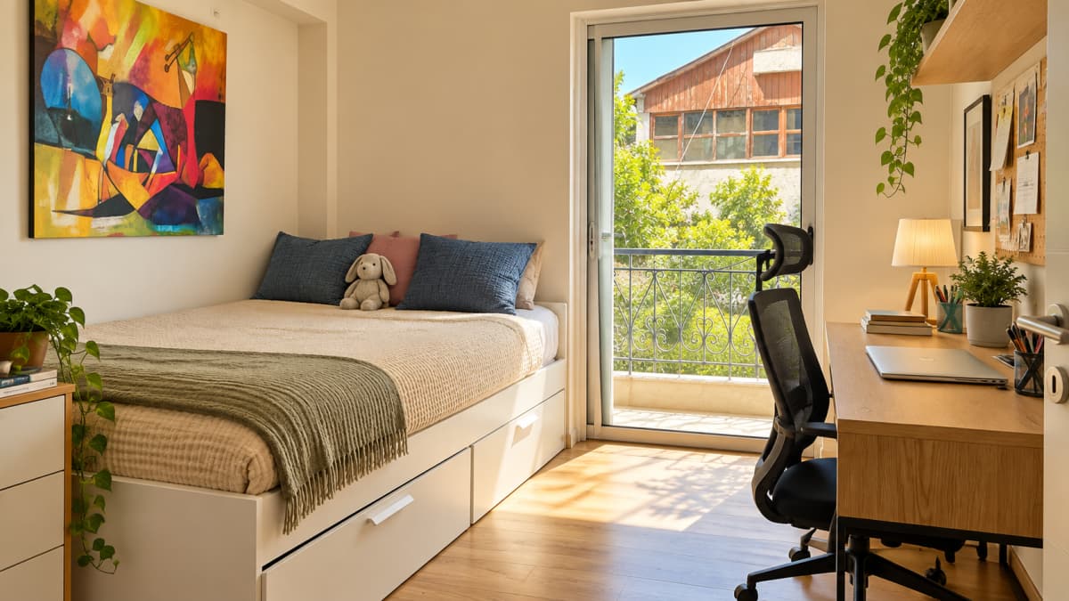 The same bedroom furnished with a single bed, a desk and plants, with the balcony door open to the trees.