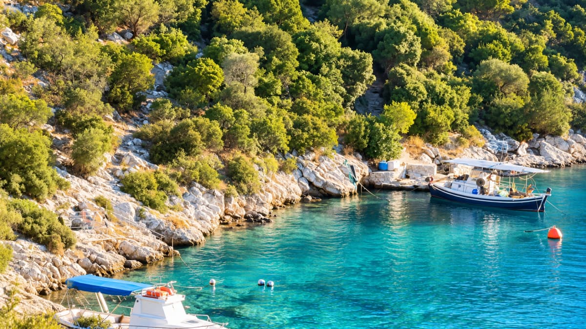 A rocky, tree-covered hillside slopes down to a clear blue cove where two boats are moored.
