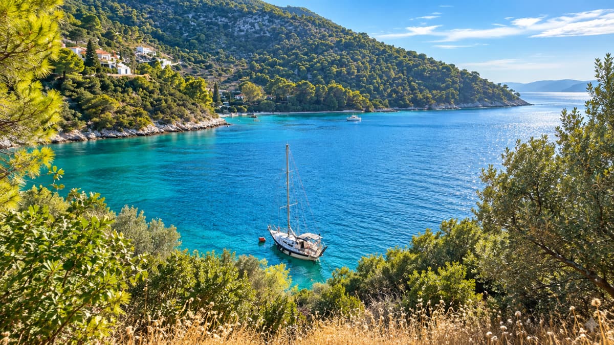 An elevated view of a tranquil blue bay framed by green foliage, with a moored sailboat in the center and forested hills in the background.