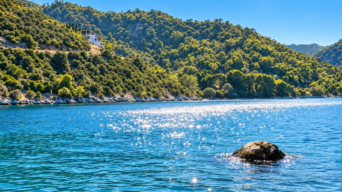 A wide shot of a turquoise sea with a single rock in the foreground, facing a lush green forested hillside with a small white building nestled on the slope under a clear blue sky.