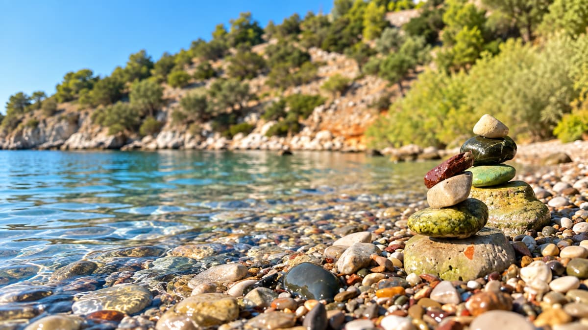 A close-up view of a pebble beach featuring a stacked stone cairn, calm sea, and a shrub-covered hill under a blue sky.