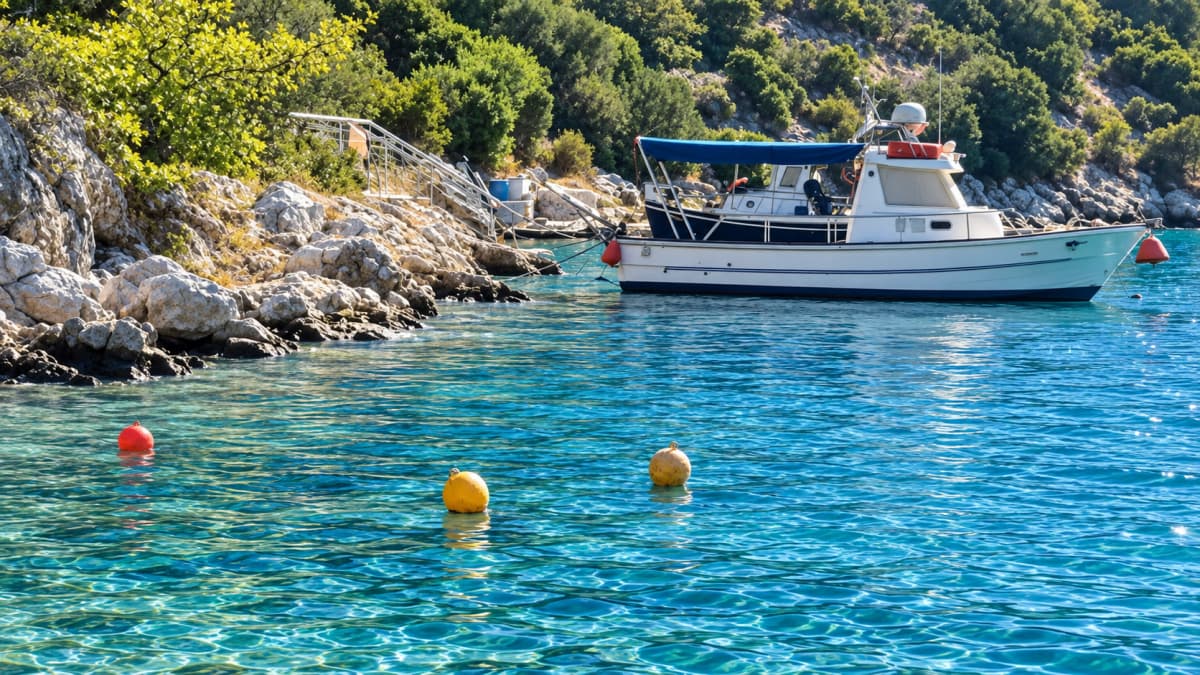 A white motorboat on clear turquoise water near a rocky shore.