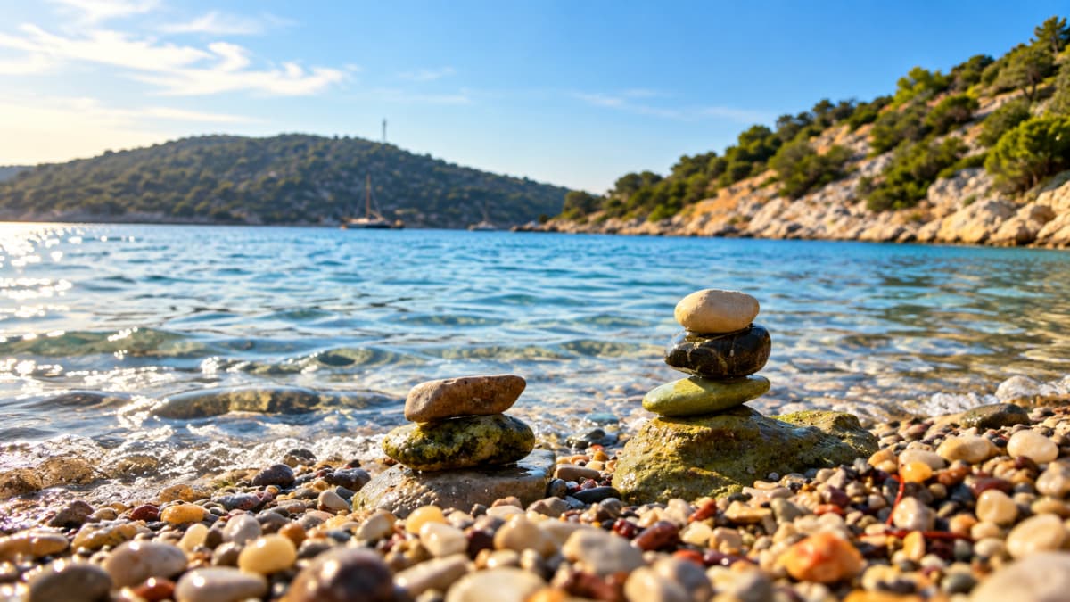 A pebble beach with stacked balancing stones in the foreground and calm blue sea with hills in the background.