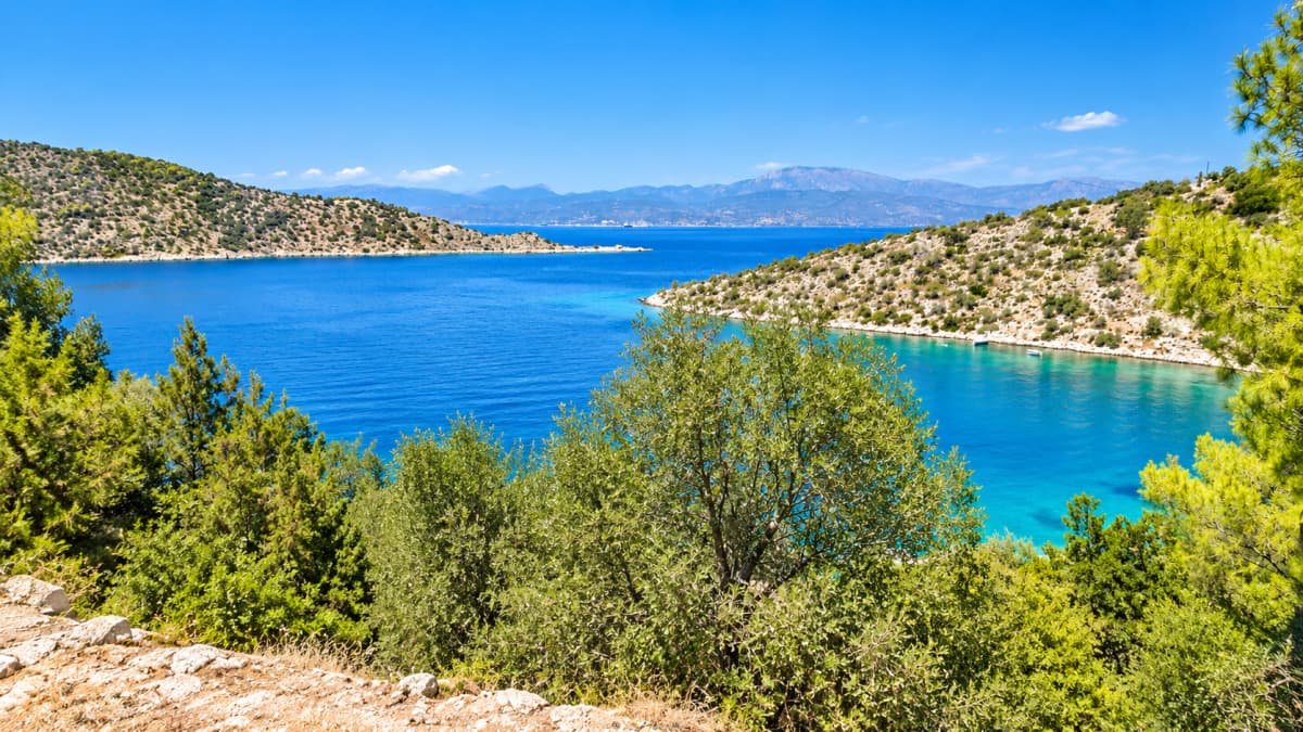 An exterior view of the sea nestled between green hills and trees under a blue sky.