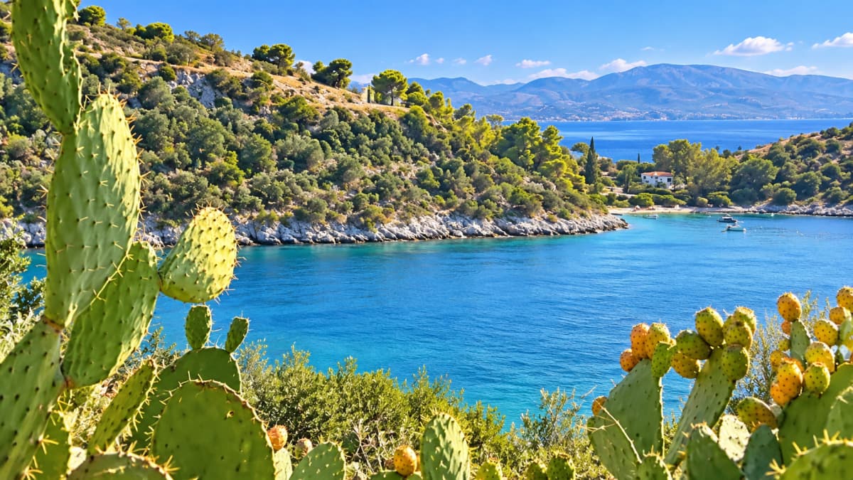 Prickly pear cacti frame a blue bay bordered by green hills and distant mountains under a blue sky.