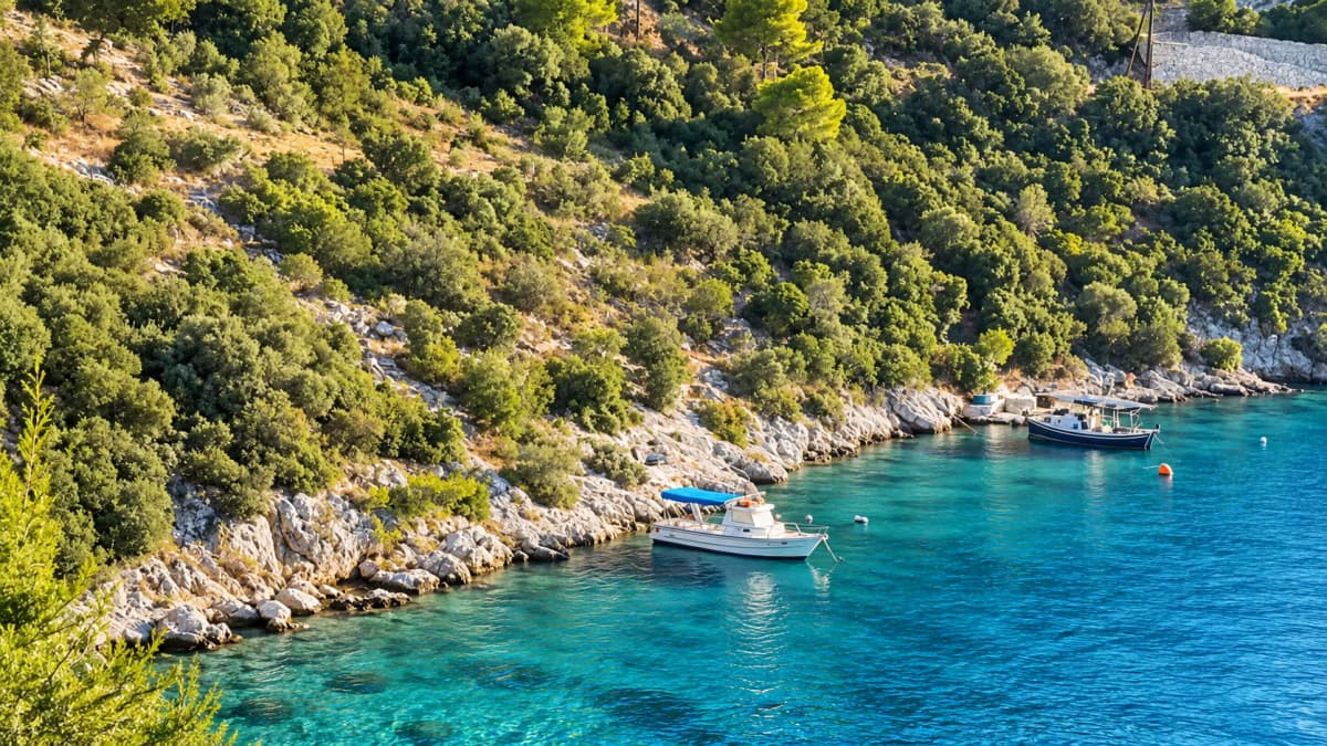 Two motorboats float on clear turquoise water next to a rocky, tree-covered hillside.