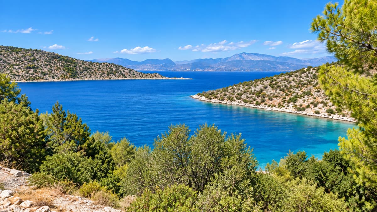 An outdoor view of the sea framed by hills and pine trees under a clear blue sky.