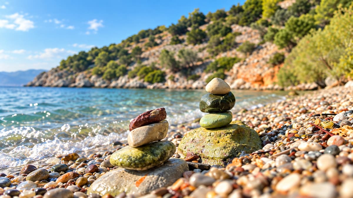 Stone cairns on a pebble beach with the sea and mountainous coast in the background.