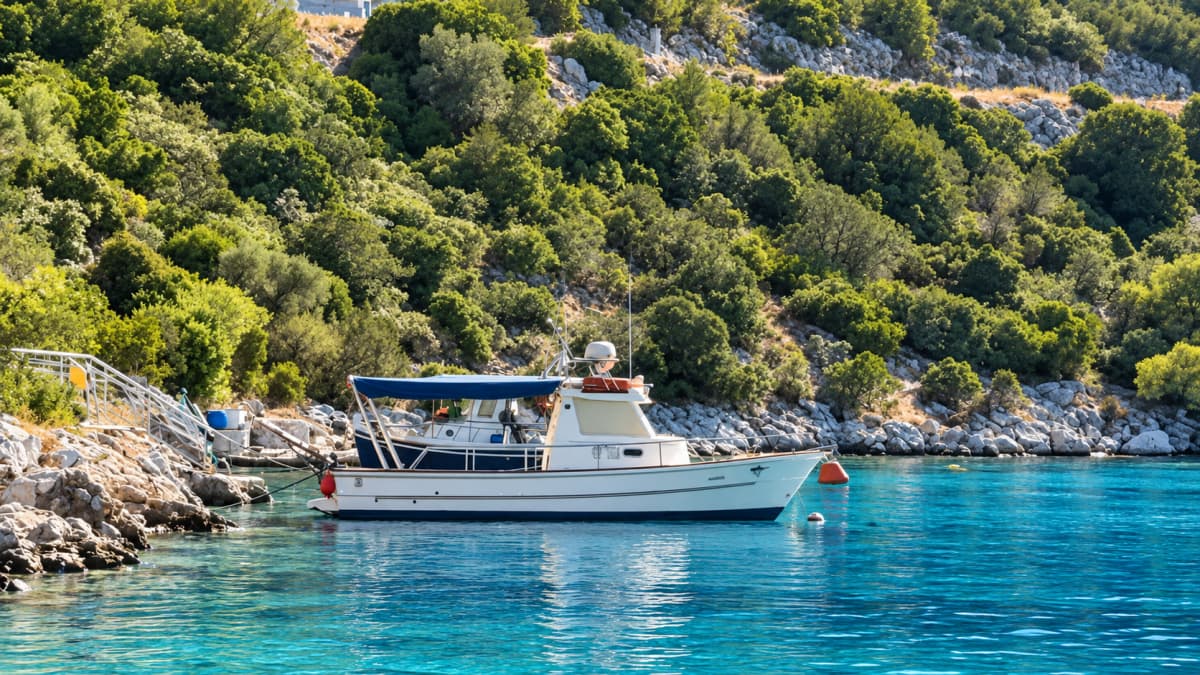 A white motorboat with a blue canopy anchored in crystal-clear blue water near a rocky shore covered in dense green vegetation.