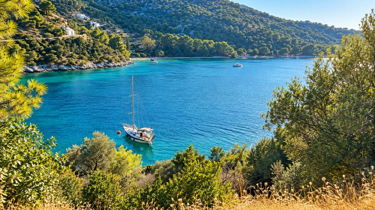 An elevated view of a tranquil blue bay with a sailboat anchored in the center, surrounded by wooded hills and framed by green foliage.