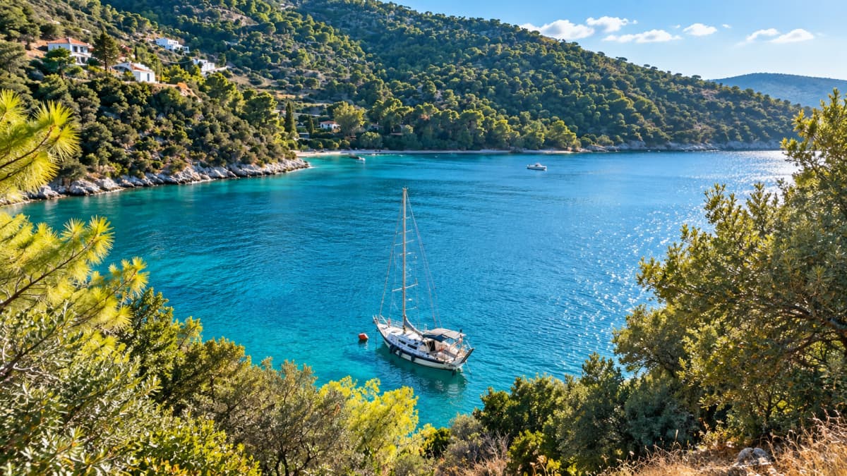 A sailboat anchored in a lush green bay with clear blue water.