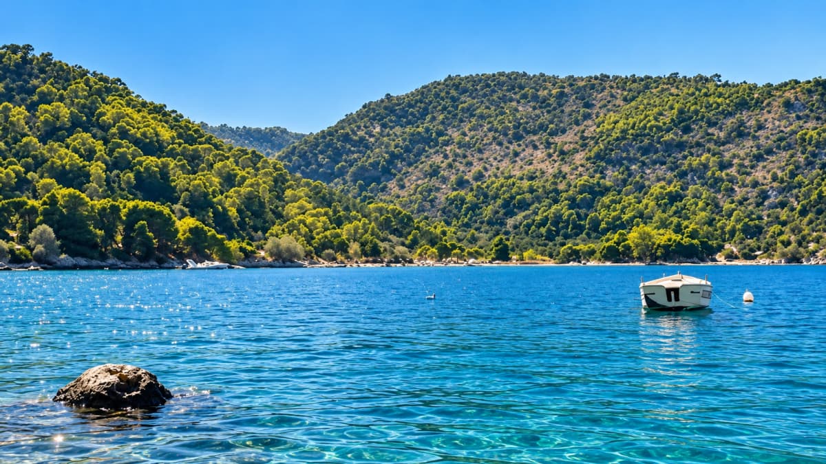 A clear blue sea foreground features a small anchored boat on the right and a rock on the left, with forested hills in the background under a blue sky.