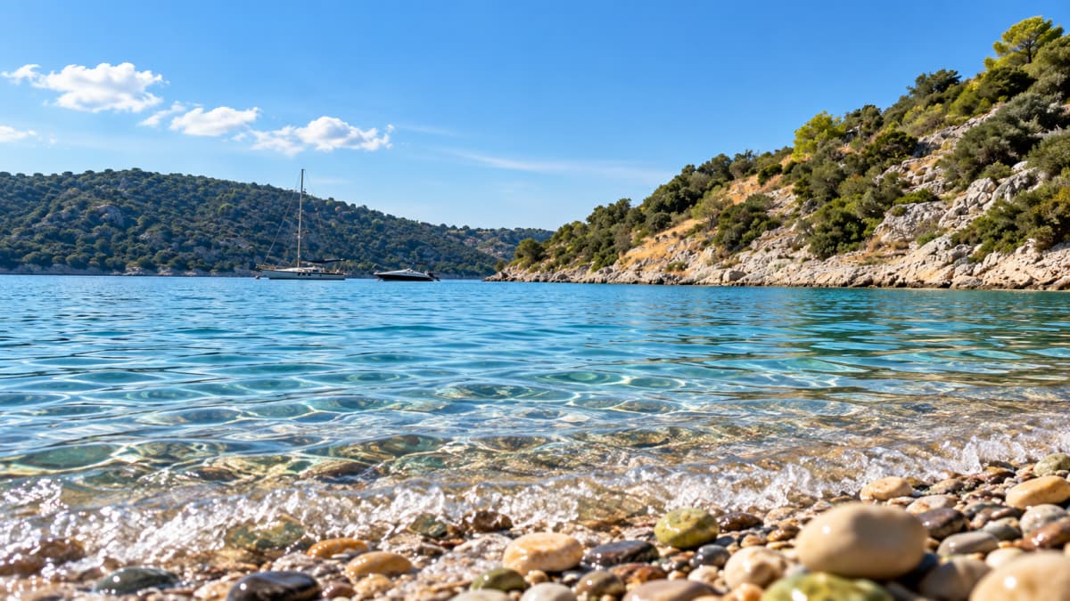A clear blue sea laps against a pebbled shore with green hills and two boats in the distance under a bright sky.