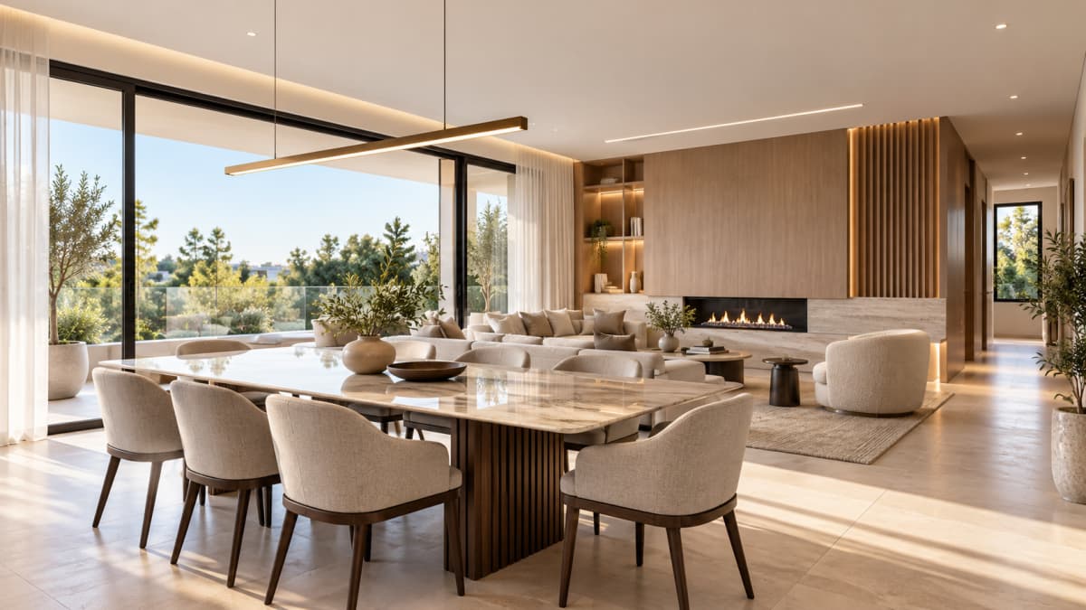 An open-plan living and dining area features a large marble-topped dining table with beige upholstered chairs, a long linear light fixture overhead, a built-in fireplace against a wooden accent wall, and a large sectional sofa facing sliding glass doors with a view of greenery.