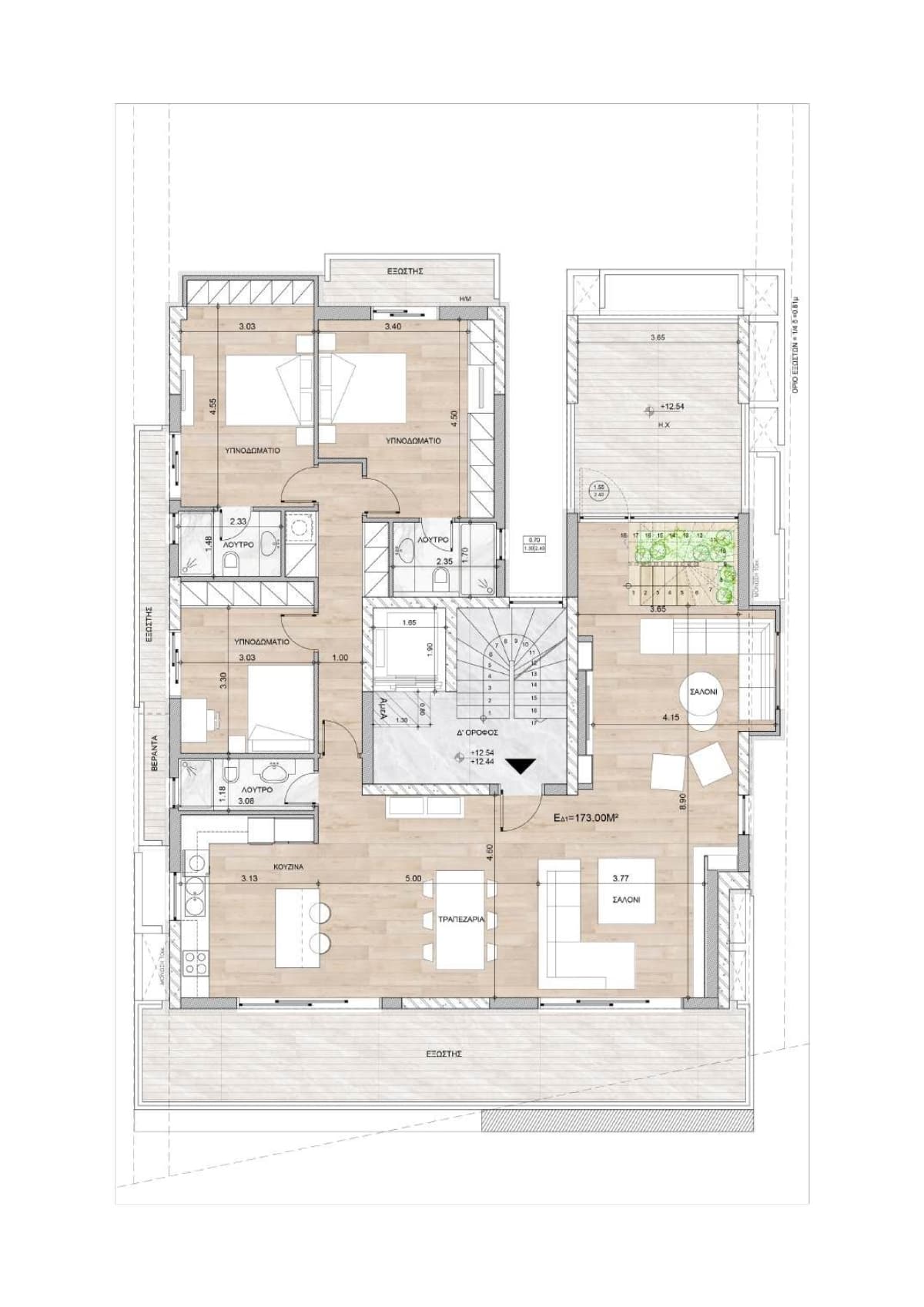 Architectural floor plan drawing showing rooms, dimensions, and furniture layouts.