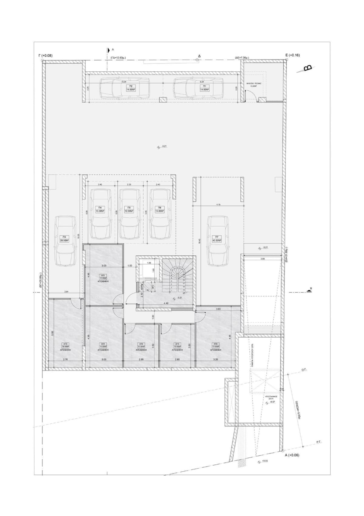 Architectural floor plan showing parking spaces and storage rooms.