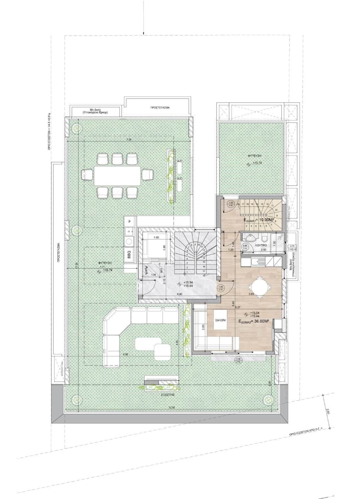 Architectural floor plan showing indoor rooms and terraces.