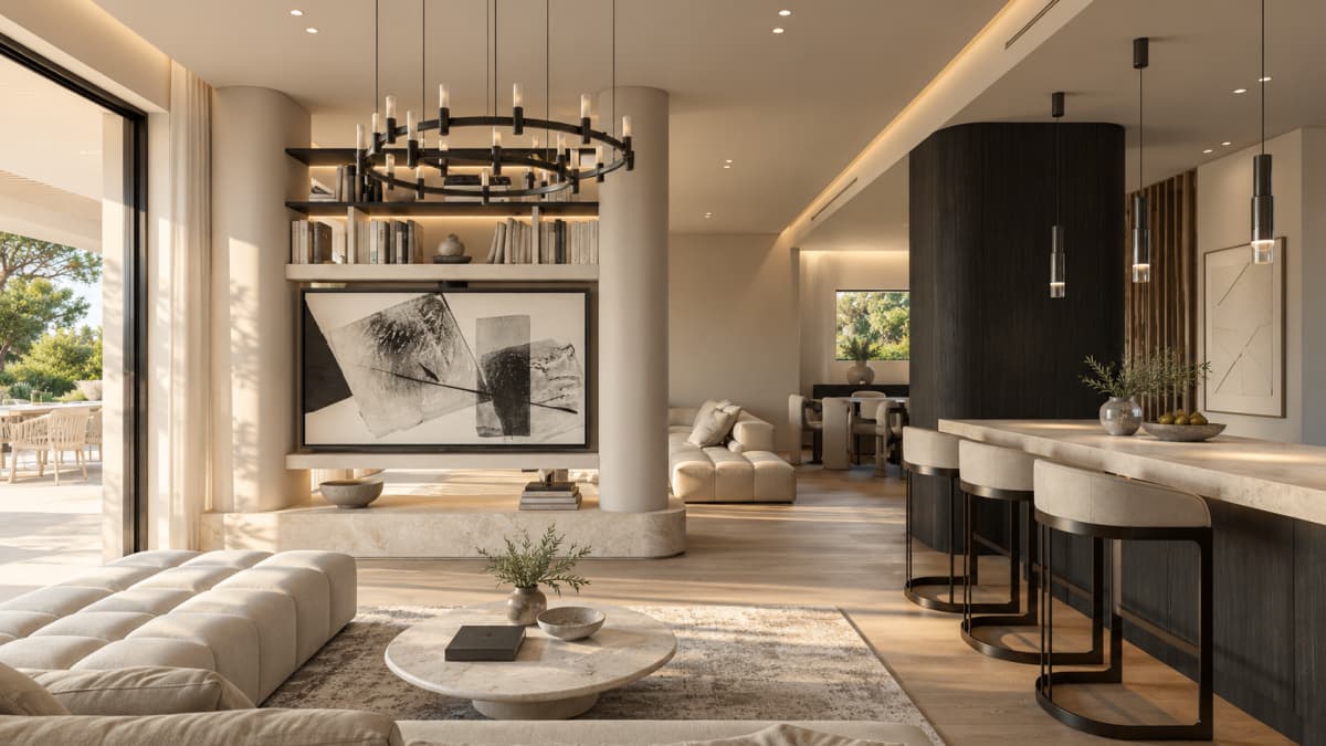 A modern living room with neutral-toned furniture, a round marble coffee table, a large abstract artwork mounted below built-in shelving, and an adjacent kitchen bar with stools.