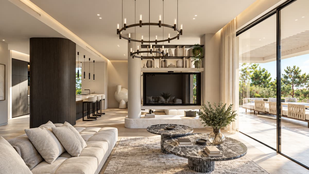 Modern living room with a light sectional sofa, two round marble coffee tables, a chandelier, and large glass doors leading to a terrace.