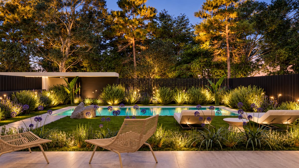 A lighted swimming pool in a landscaped backyard with lounge chairs and illuminated trees at dusk.
