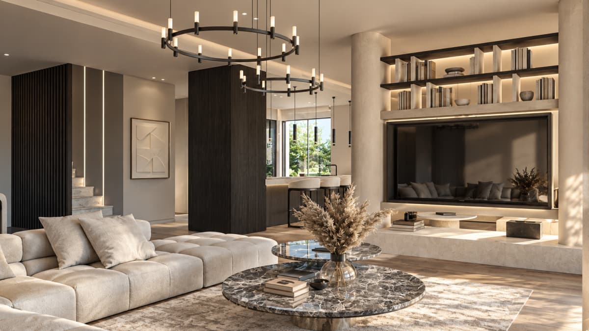 A modern living room with a light sectional sofa, marble coffee table, built-in TV, and black circular chandeliers.