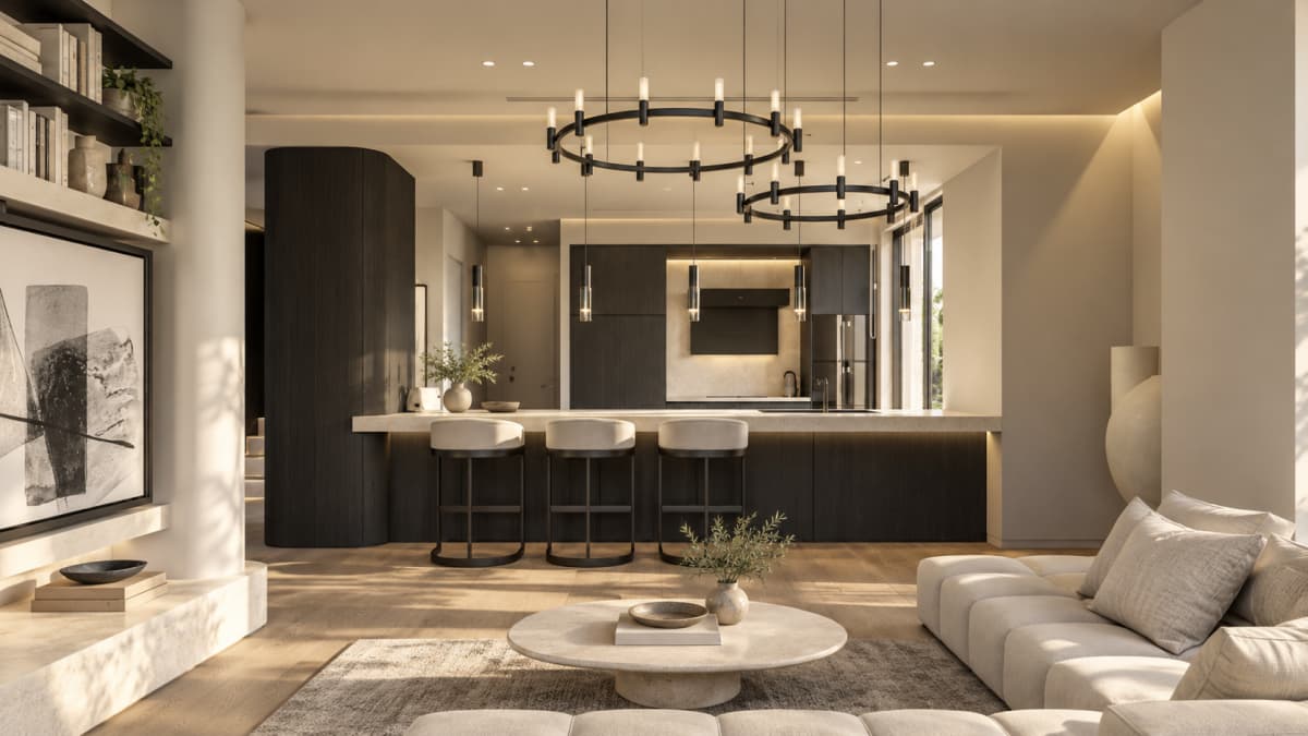 An open-plan living room with a beige sofa, round stone coffee table, wooden floor, and an adjoining dark kitchen island with bar stools under suspended circular chandeliers.