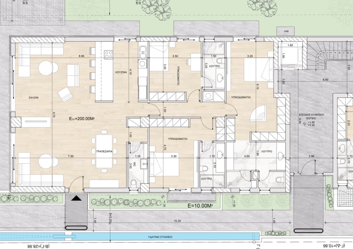 Architectural floor plan drawing of a residential layout with Greek labeling, showing multiple rooms including a living room, kitchen, bedrooms, and bathrooms.