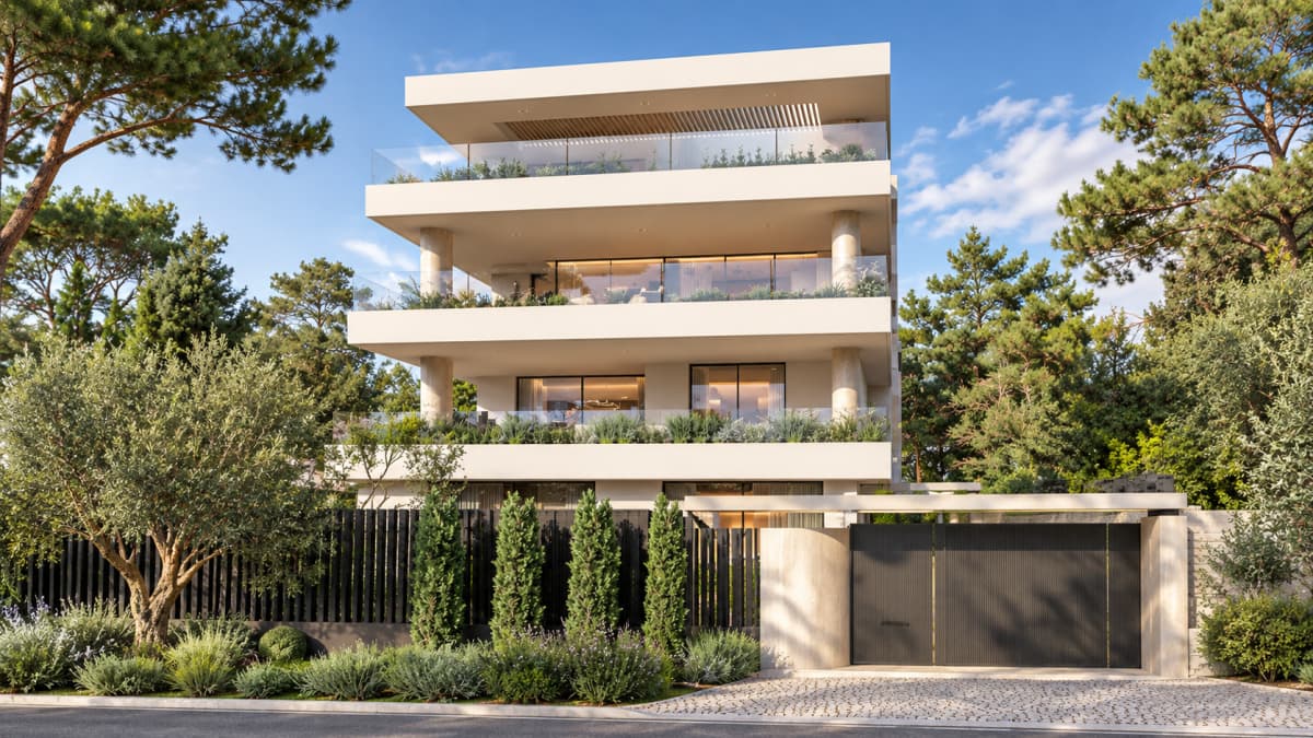 A multi-story modern white building with expansive balconies featuring integrated planters, set behind a dark slatted fence and a paved driveway with a sliding gate.