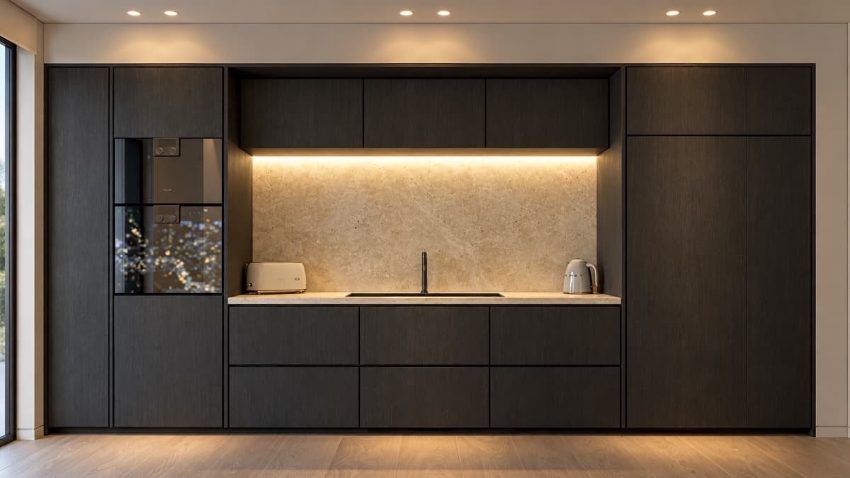Modern kitchen with dark cabinetry, beige stone backsplash, and built-in appliances.