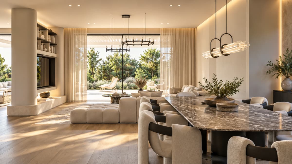 An open-plan living and dining area with a marble dining table, upholstered chairs, a beige modular sofa facing a television, and large glass sliding doors opening to a garden.