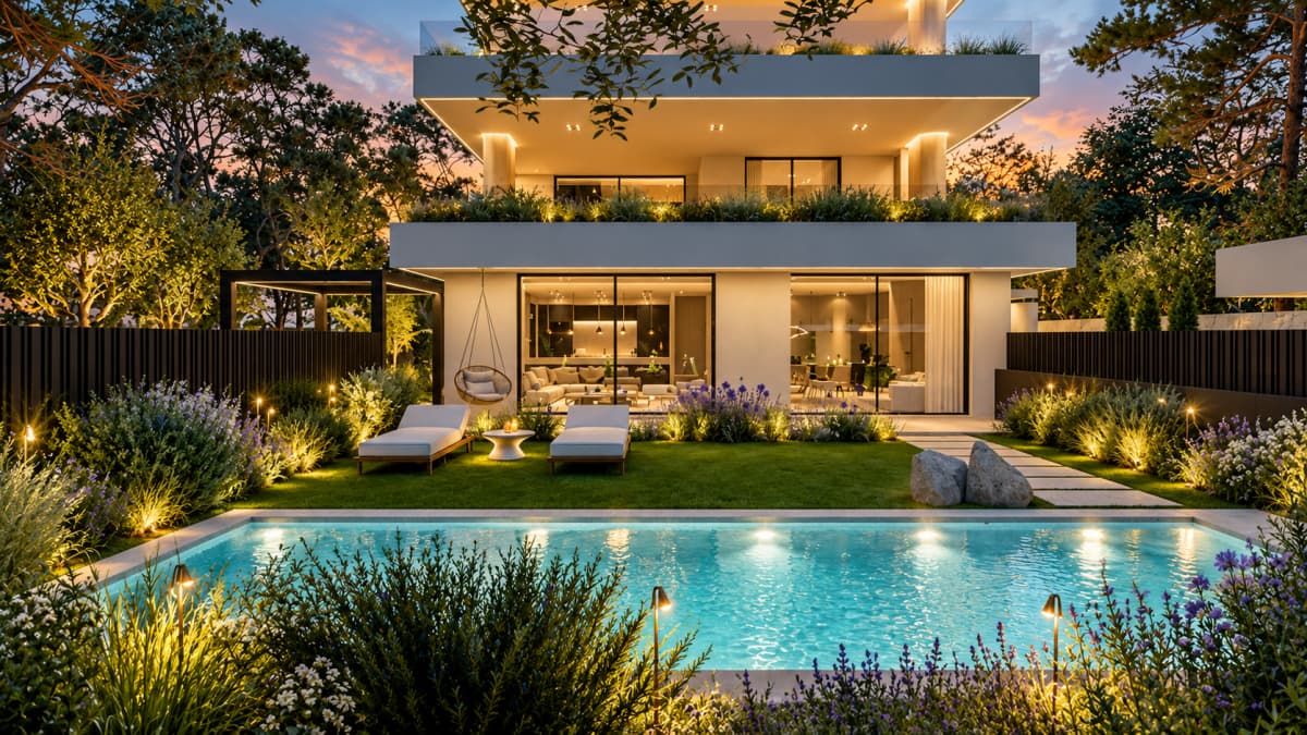A multi-story modern building with illuminated balconies sits behind a lawn, a swimming pool, and landscaping at dusk.